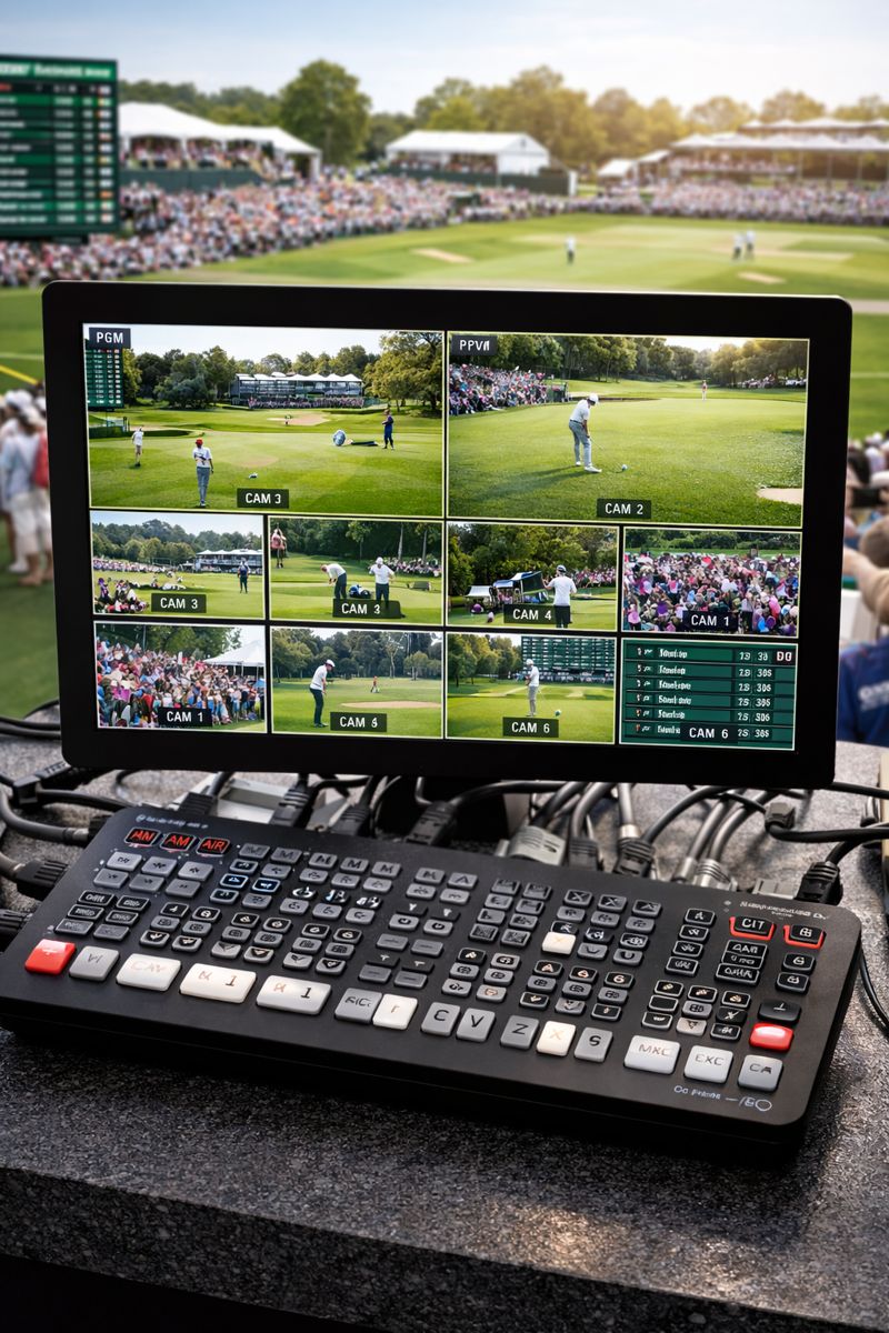 atem extreme production board for live video streaming of a golf tournament