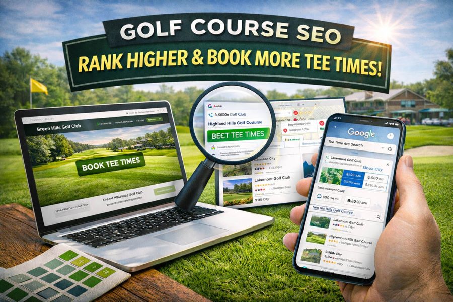 Golf course SEO featured image showing a laptop and smartphone booking tee times with search results highlighted on a golf course background.