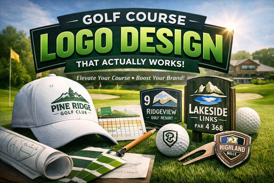 Golf course logo design featured image showing branded hat, logo golf ball, and course signage to highlight Giraffix Golf logo design services.