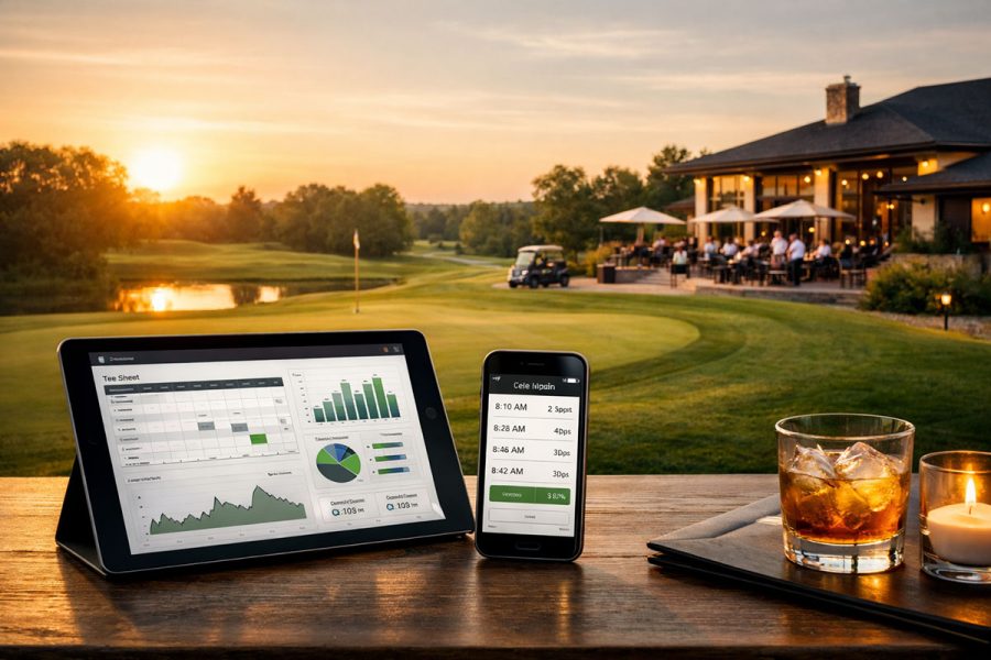 Golf course clubhouse at sunset with tablet and mobile phone showing online tee times, analytics, and golf course booking technology