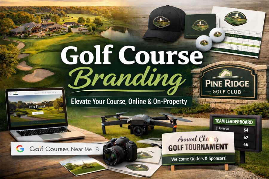 Giraffix Golf website design and branding graphic featuring an aerial golf course view, course signage, branded merchandise, a laptop website mockup, and tournament marketing elements.
