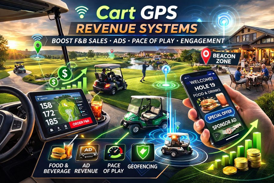 Cart GPS revenue system for golf courses showing food and beverage ordering, advertising, pace control, geofencing, and live messaging