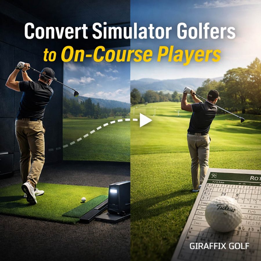 Split-image showing a golfer hitting in a home golf simulator on the left and teeing off on a real golf course on the right with text “Convert Simulator Golfers to On-Course Players” — Giraffix Golf marketing services.