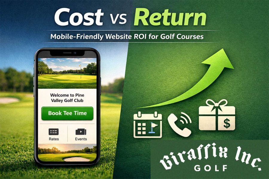 Mobile-friendly golf course website cost vs return graphic showing a smartphone tee time booking page and ROI growth icons by Giraffix Golf
