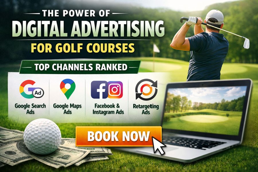 Featured image for “Power of Digital Advertising for Golf Courses” showing a golfer and laptop with a Book Now button and icons for Google Search, Google Maps, Facebook/Instagram, and retargeting ads, highlighting top channels ranked.