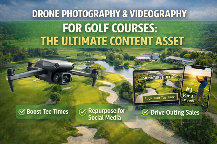 Featured image for drone videography for golf courses showing an aerial course view with a DJI Mavic-style drone and examples of repurposed content for tee time bookings, social media posts, and outing sales.