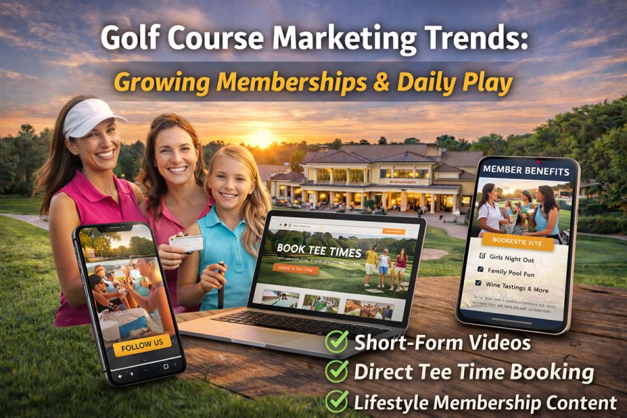 Female-focused golf course marketing trends graphic showing women golfers, social media content, direct tee time booking, and membership growth strategies