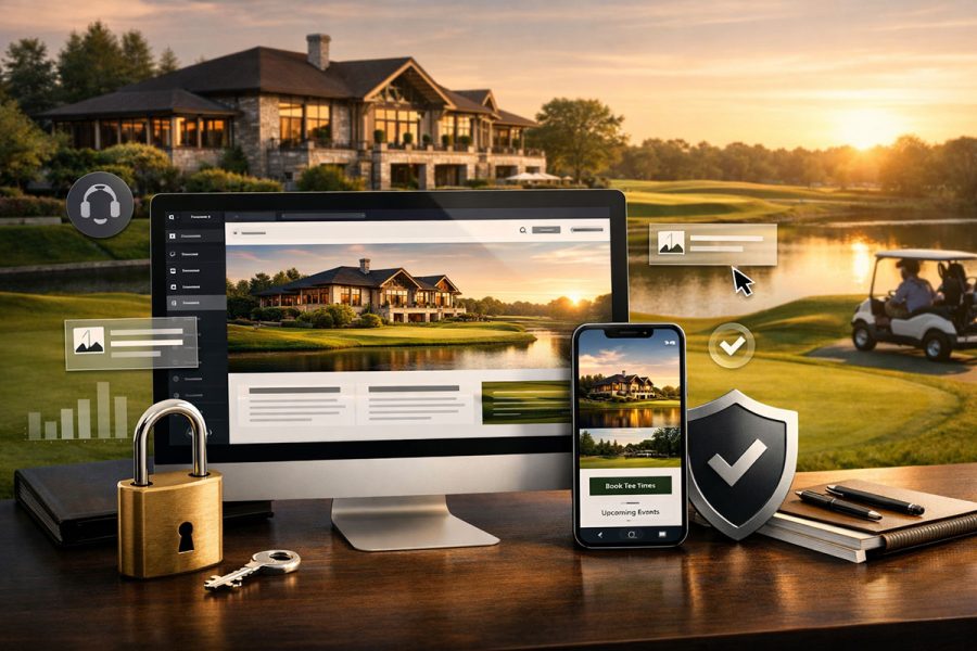 Golf course website ownership concept with desktop and mobile website design, secure access, staff training, and support from Giraffix Golf