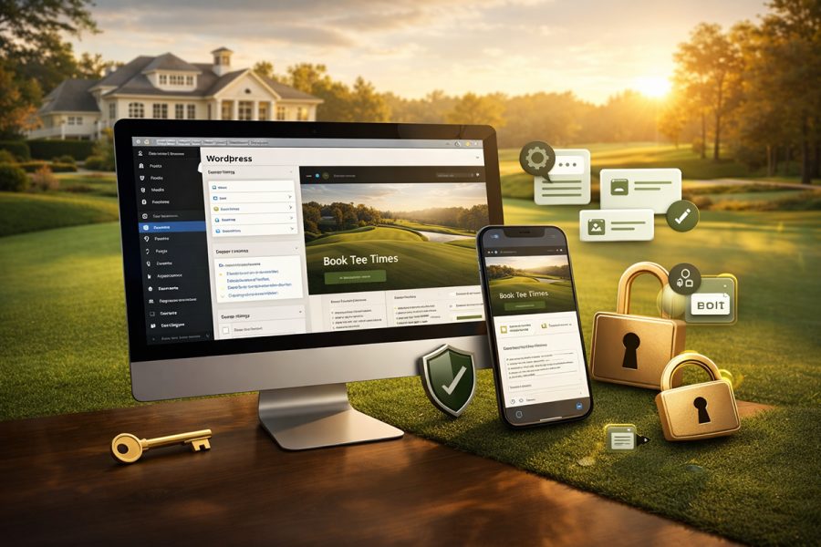 Golf course website ownership graphic promoting Giraffix Golf WordPress websites with training, support, and full client control