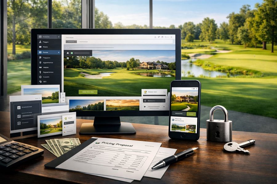Custom golf course website pricing and payment plans shown on desktop and mobile screens by Giraffix Golf