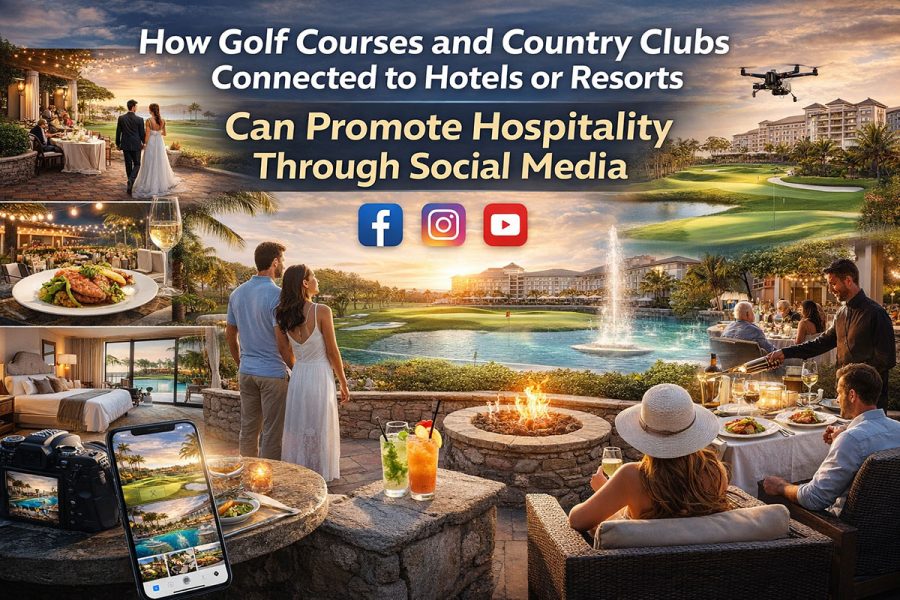 Golf resort and country club hospitality social media marketing featuring hotel, dining, events, and golf course amenities