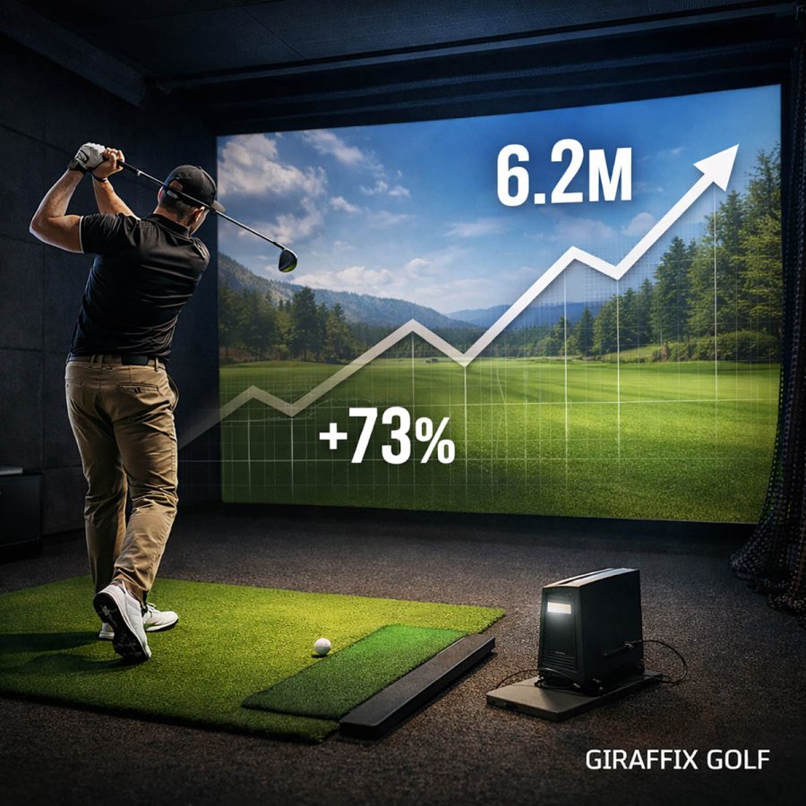 Home golf simulator statistics graphic showing golfer swinging indoors with virtual course screen and growth stats (6.2M, +73%) — Giraffix Golf marketing for golf courses.