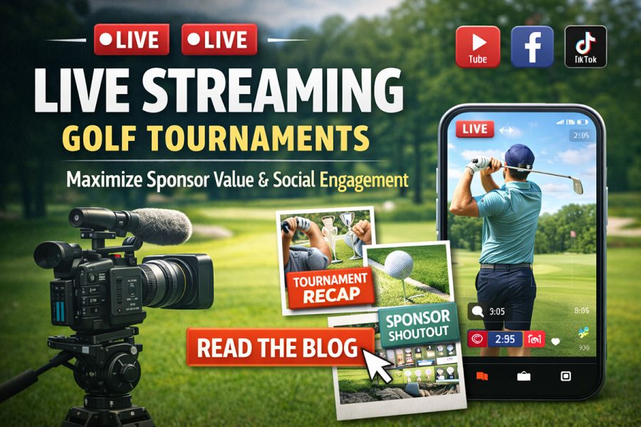 Featured image promoting live streaming golf tournaments with camera equipment and a phone showing a live broadcast, highlighting sponsor value and social media engagement through tournament recap and sponsor shoutouts.