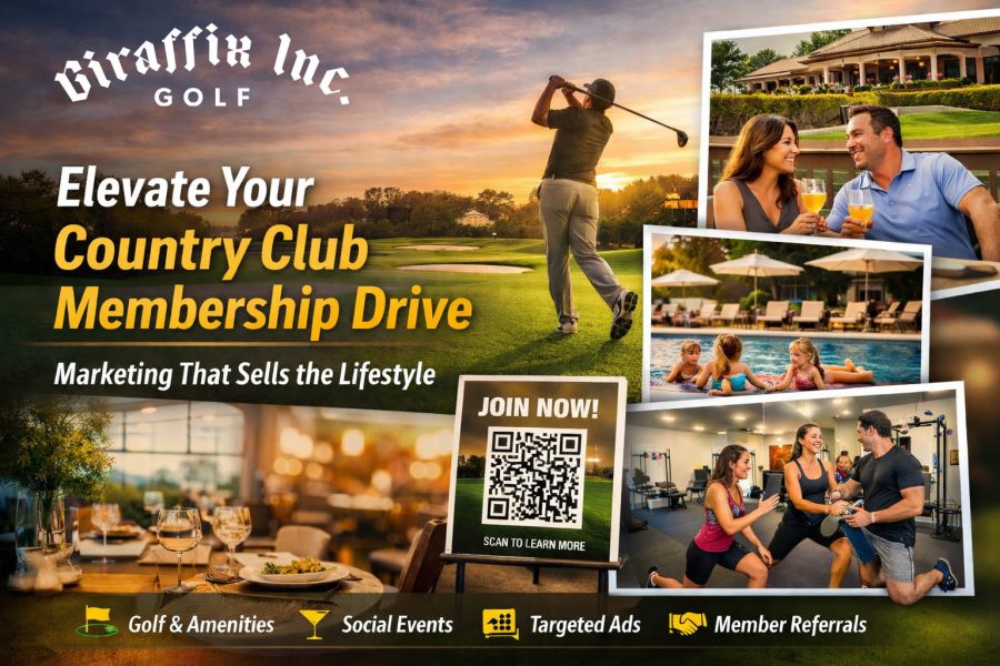 Giraffix Golf country club membership drive marketing graphic featuring golf course, clubhouse dining, pool, fitness amenities, and QR code call-to-action