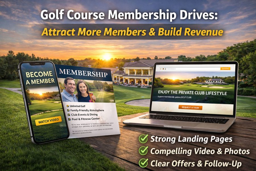 Golf course membership drives featured image showing landing pages, member marketing, video content, and private club revenue growth strategies
