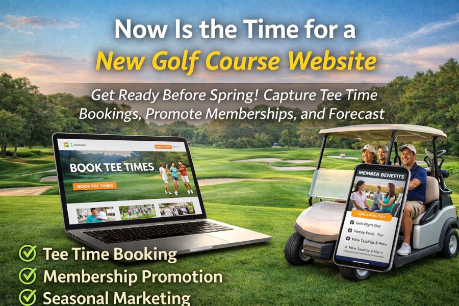 New golf course website before spring featuring tee time booking, membership promotion, and golfers riding in a cart on the course