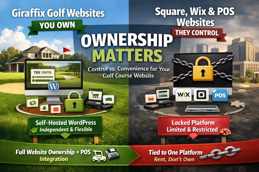 Split-screen comparison graphic showing Giraffix Golf self-hosted WordPress websites vs Square, Wix, and POS website builders, highlighting website ownership, flexibility, and golf course POS integration.