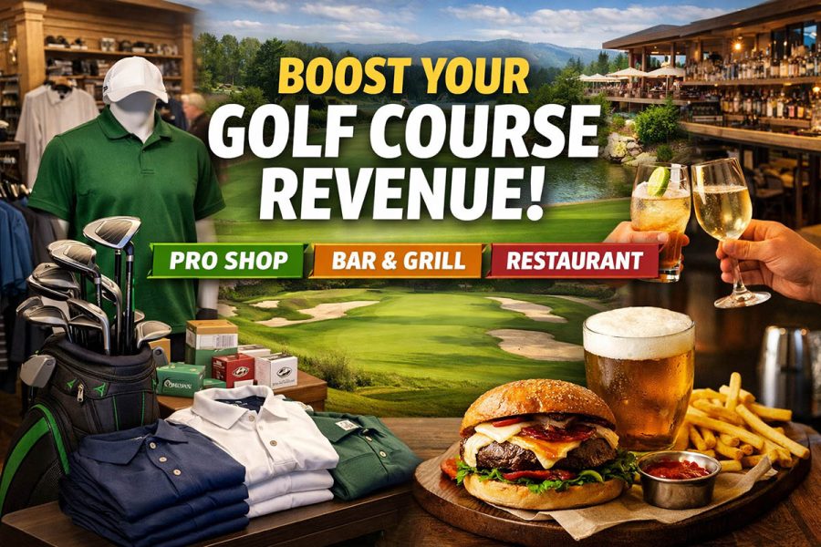 Featured image for golf course revenue growth showing a pro shop display, restaurant burger and beer, and clubhouse bar to promote strategies for increasing golf course sales.