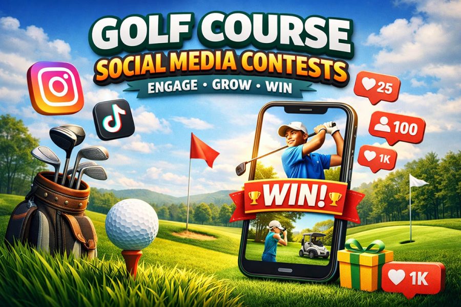 Featured image for golf course social media contests showing a golf course, smartphone, golf bag, and Instagram and TikTok-themed engagement graphics promoting follower growth and community engagement.