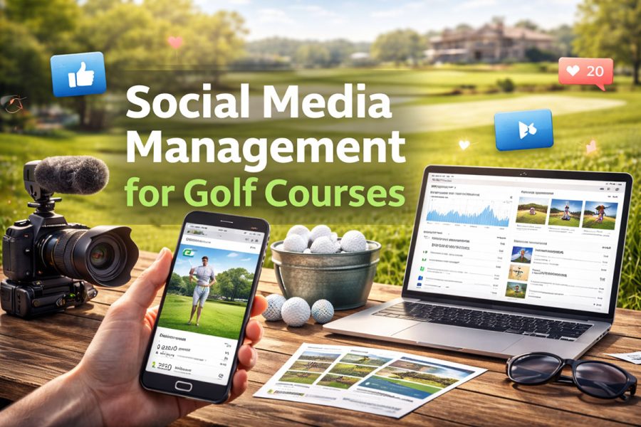 Social media management for golf courses concept image with phone, camera, and laptop showing content and analytics, highlighting how consistent posting drives tee times, memberships, and engagement.