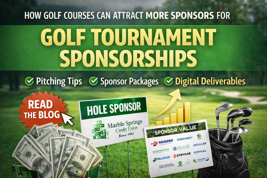 Featured image for golf tournament sponsorships showing course background with sponsor sign, sponsor value board, and “read the blog” callout, highlighting tips and packages to attract more tournament sponsors.