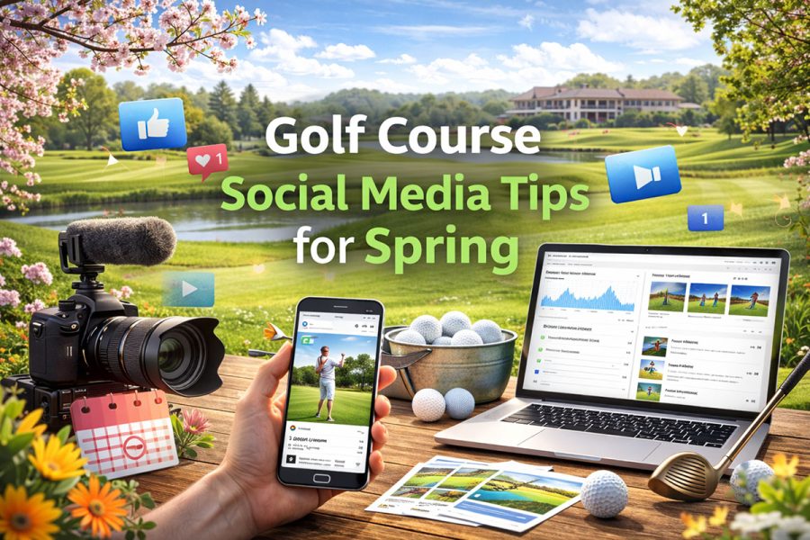 Spring golf course scene with camera, phone, and laptop showing social content and analytics, promoting golf course social media tips to build excitement for the spring season.