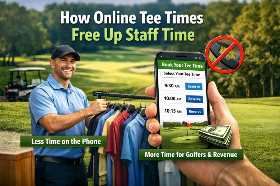 Golf course employee using online tee time booking system to reduce phone calls and save staff time