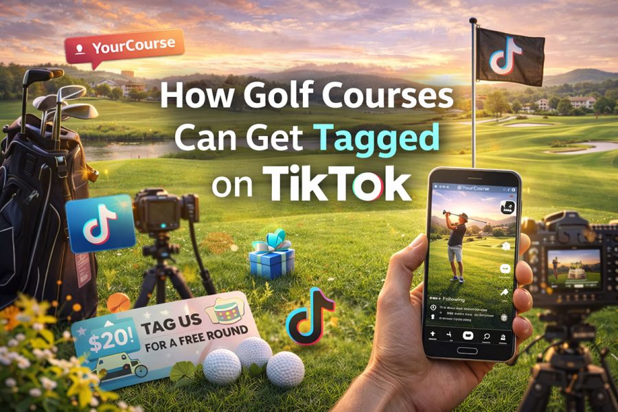 Featured image showing a golfer filming on a scenic course with TikTok icons and a “tag us” incentive, illustrating how golf courses can encourage fans to tag them on TikTok for highlights and giveaways.