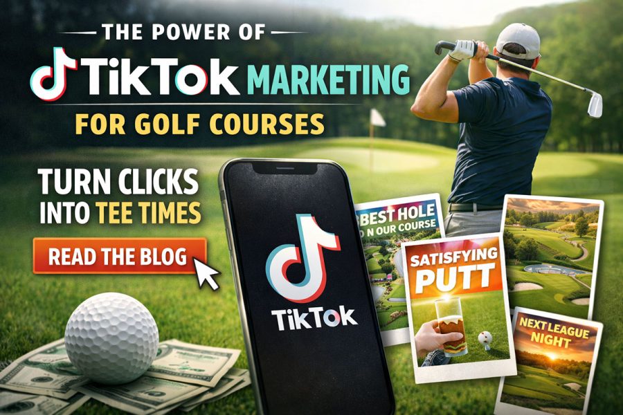Featured image for TikTok marketing for golf courses showing a golfer mid-swing, TikTok phone screen, and course highlight thumbnails with “Read the Blog,” emphasizing how short-form video can drive tee times and engagement.