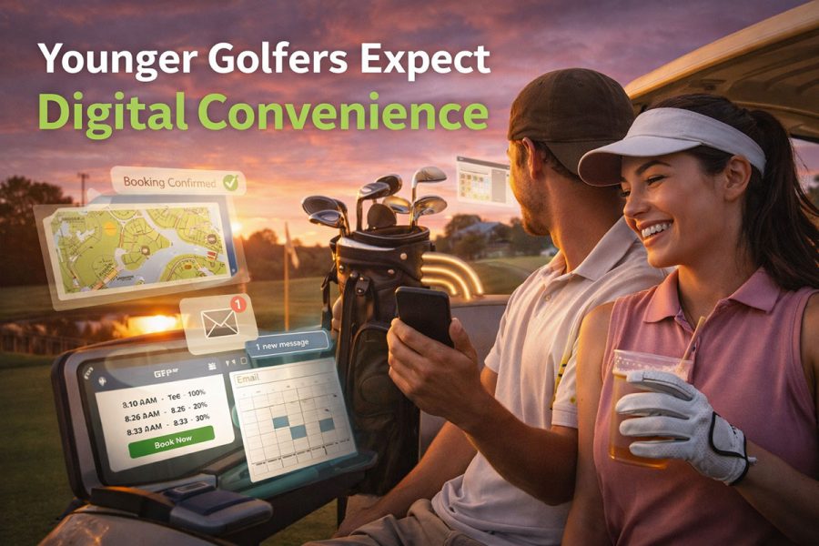 Young golfers riding in a golf cart at sunset with mobile booking technology and digital tee time graphics for golf course marketing